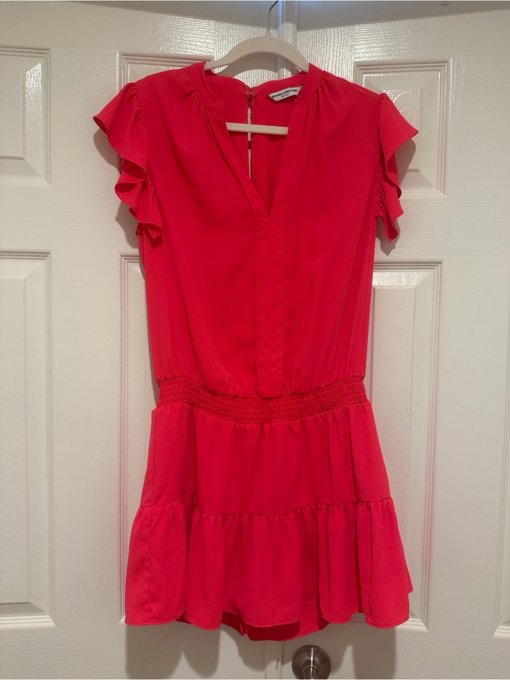 Amanda Uprichard Pink Ruffle Sleeve Tiered Dress/Romper